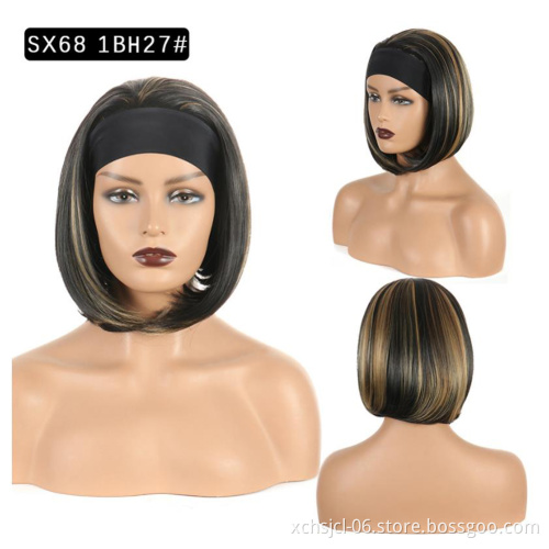 2021 Headband Wig Synthetic Hair Short Bob Natural Black Color Head Band Wig Half Wigs for Women
